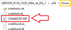 압축을 해제한 폴더를 열고, 다음 파일이 있는지 확인합니다. ...\x64\Driver\CNAB6STD.INF
