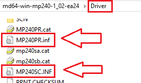 Driver 폴더에는 MP240PR.inf와 MP240SC.INF 두 개의 주요 파일이 있으며, 각각 프린터와 스캐너 드라이버입니다